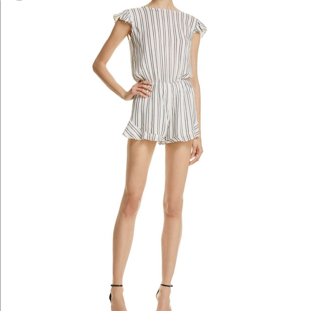 Aqua striped ruffle pull on romper with tie detail